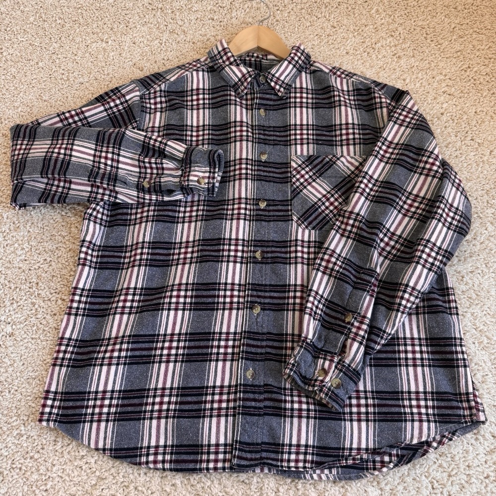 Woolrich Plaid Flannel Shirt Mens XL Grey Burgundy Excellent Long Sleeve Cotton